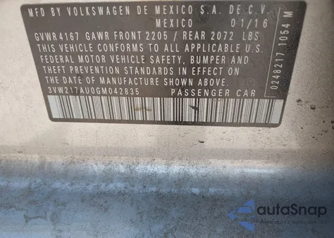 2016 Volkswagen Golf Tsi Se 4-Door из США, поврежденный, VIN 3VW217AU0GM042835